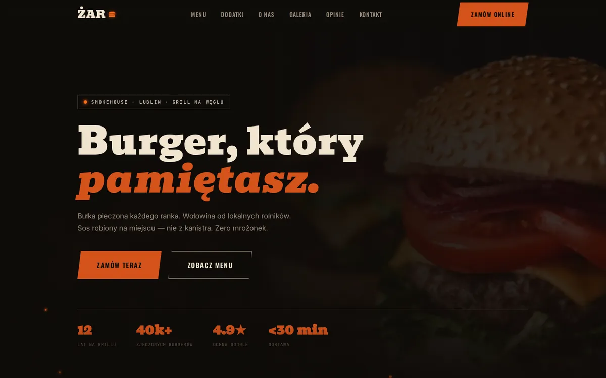Strona burgerowni ŻAR — widok główny